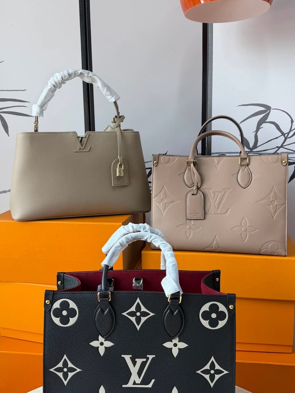 Louis Vuitton Black & Taupe/Beige Mixed Monogram Tote Trio